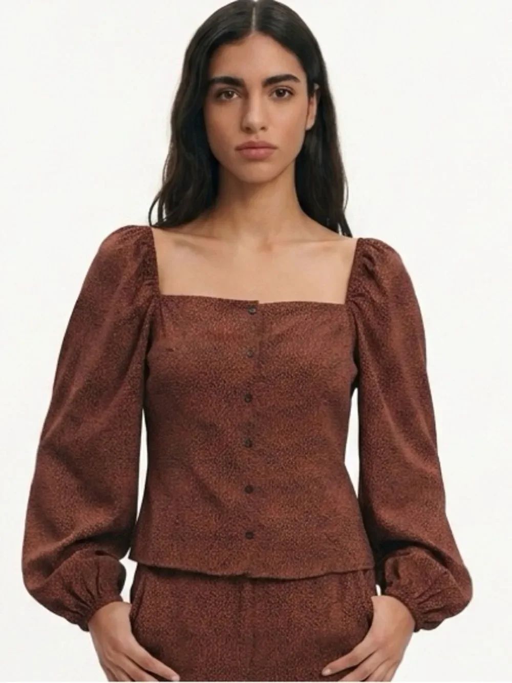 LUSH | Animal Print Rust Button-Up Puff Sleeve Blouse Women’s Size Large